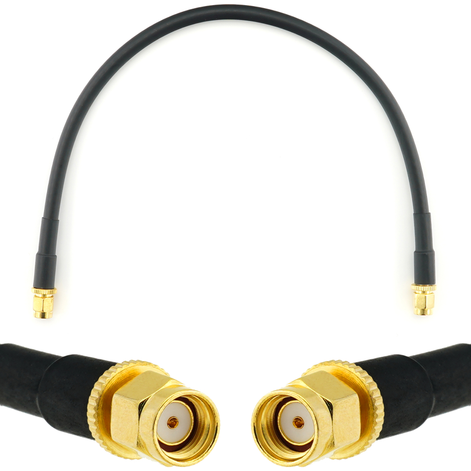 RP-SMA Male iki RP-SMA Male 30cm koaksialinis kabelis — HF240 (atitinka LMR240)