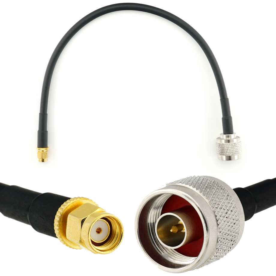 RP-SMA Male iki N Male 30cm koaksialinis kabelis — HF240 (atitinka LMR240)