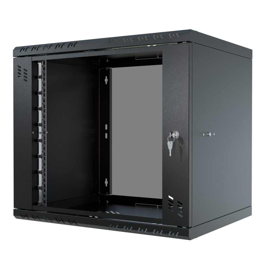 Stovo Spintelė 19" 9U, 600mm, Stiklinės Durys, Juoda